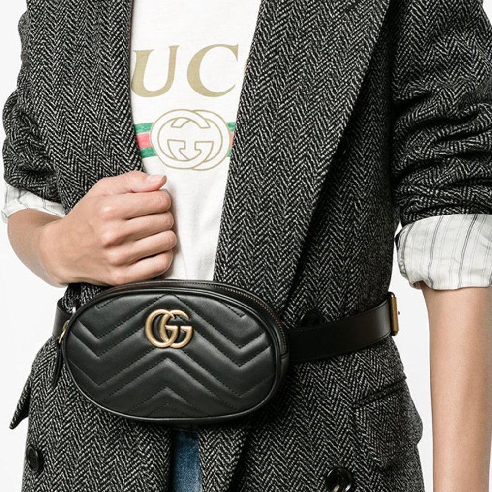 GUCCI Calfskin Marmot Matelasse GG Marmont Belt Bag 65 Black